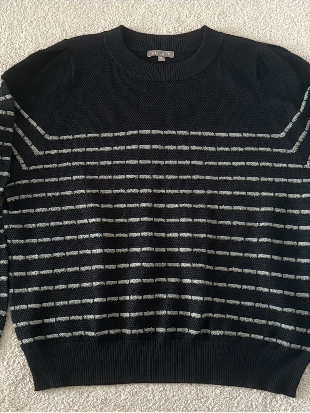 Lilla P Black Crewneck Sweater w/ Gray Stripes Size Large - Msmnts in Pictures